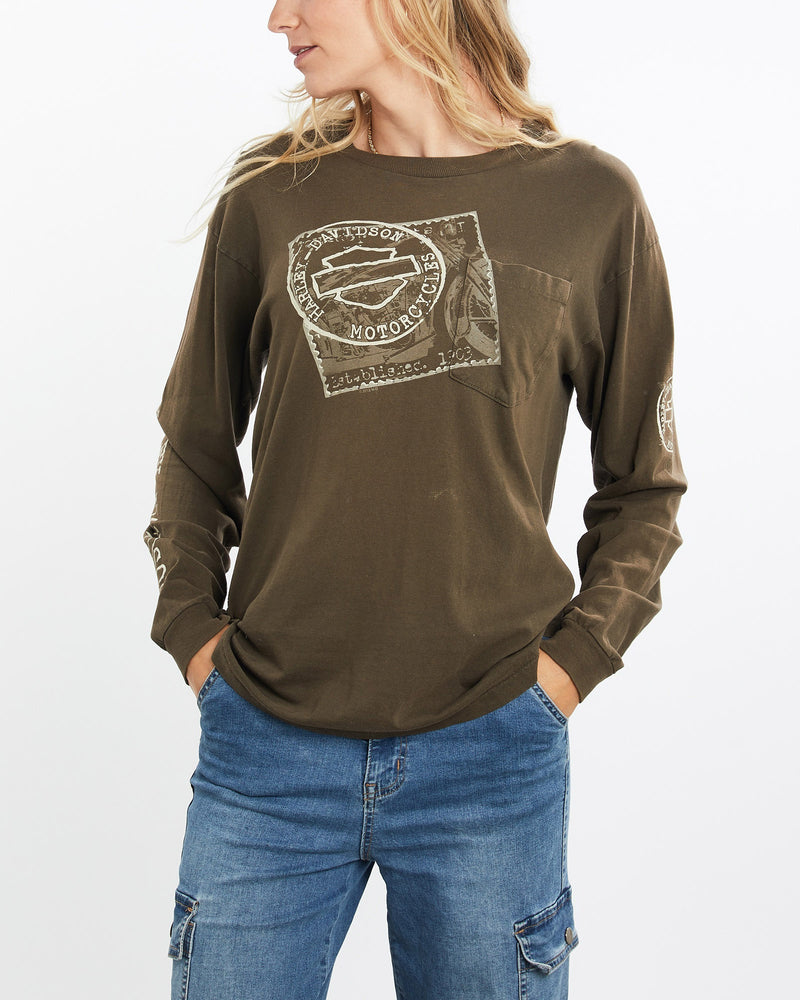 Vintage, Harley, Davidson, Long, Sleeve, Tee, The Real Deal, size medium, colour Brown, newtown, sydney, australia, thrift store, opshop, preloved, secondhand, sustainable, retro, antique, 70s, 80s, 90s, 2000s, 00s, fashion, clothing, streetwear, trendy, garment, style, boutique, store, shop, archive, sale, cheap, best, top, T-Shirts