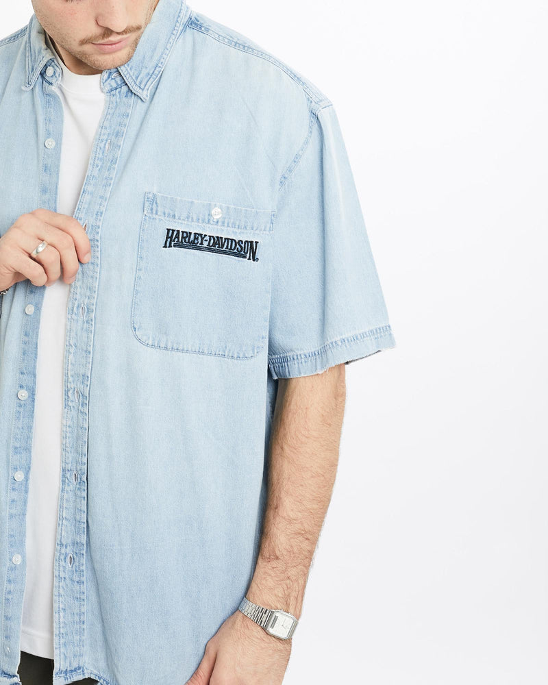 Vintage, Harley, Davidson, Short, Sleeve, Denim, Button, Up, Shirt, The Real Deal, size extra large, colour Blue, newtown, sydney, australia, thrift store, opshop, preloved, secondhand, sustainable, retro, antique, 70s, 80s, 90s, 2000s, 00s, fashion, clothing, streetwear, trendy, garment, style, boutique, store, shop, archive, sale, cheap, best, top, Shirts