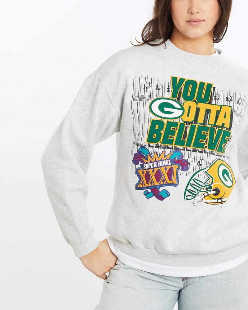 Vintage, 1996, NFL, Green, Bay, Packers, Super, Bowl, Sweatshirt, The Real Deal, size medium, colour Grey, newtown, sydney, australia, thrift store, opshop, preloved, secondhand, sustainable, retro, antique, 70s, 80s, 90s, 2000s, 00s, fashion, clothing, streetwear, trendy, garment, style, boutique, store, shop, archive, sale, cheap, best, top, Sweats and hoodies