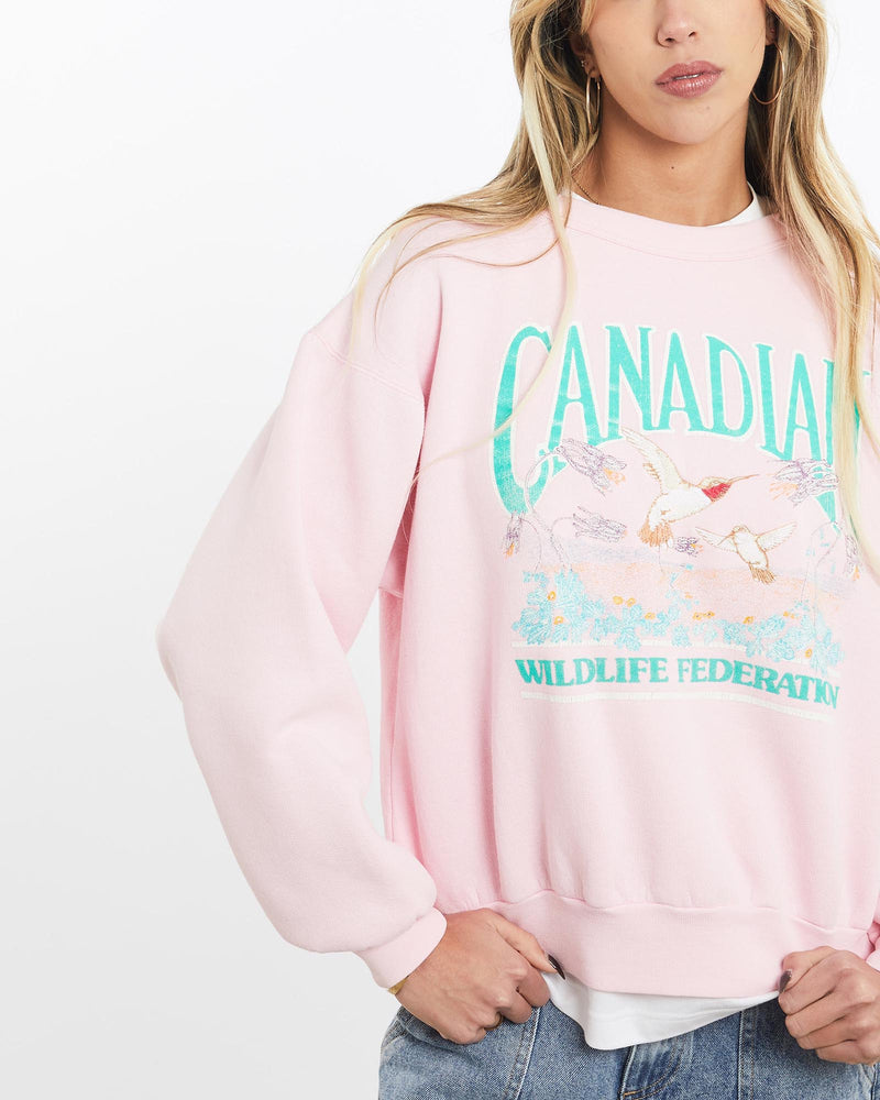 Vintage, 90s, Canadian, Wild, Life, Federation, Sweatshirt, The Real Deal, size extra small, colour Pink, newtown, sydney, australia, thrift store, opshop, preloved, secondhand, sustainable, retro, antique, 70s, 80s, 90s, 2000s, 00s, fashion, clothing, streetwear, trendy, garment, style, boutique, store, shop, archive, sale, cheap, best, top, Sweats and hoodies