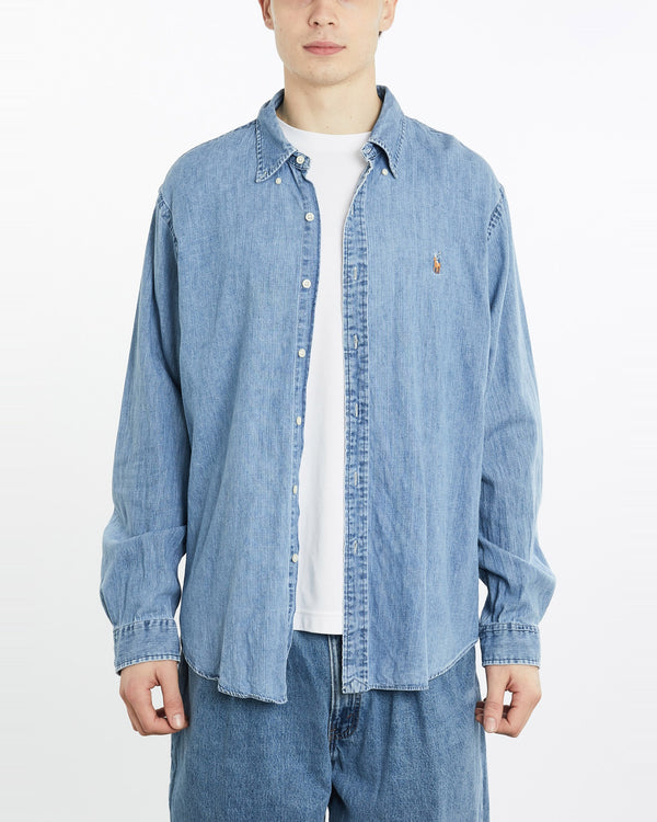 Vintage, Polo, Ralph, Lauren, Denim, Button, Up, Shirt, The Real Deal, size extra large, colour Blue, newtown, sydney, australia, thrift store, opshop, preloved, secondhand, sustainable, retro, antique, 70s, 80s, 90s, 2000s, 00s, fashion, clothing, streetwear, trendy, garment, style, boutique, store, shop, archive, sale, cheap, best, top, Shirts