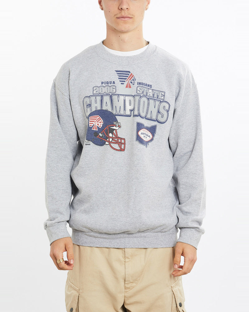 Vintage, Piqua, Indians, Football, Sweatshirt, The Real Deal, size large, colour Grey, newtown, sydney, australia, thrift store, opshop, preloved, secondhand, sustainable, retro, antique, 70s, 80s, 90s, 2000s, 00s, fashion, clothing, streetwear, trendy, garment, style, boutique, store, shop, archive, sale, cheap, best, top, Sweats and hoodies