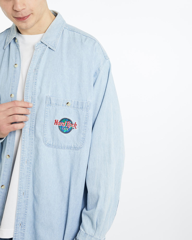 Vintage, 90s, Hard, Rock, Cafe, Denim, Button, Up, Shirt, The Real Deal, size extra large, colour Blue, newtown, sydney, australia, thrift store, opshop, preloved, secondhand, sustainable, retro, antique, 70s, 80s, 90s, 2000s, 00s, fashion, clothing, streetwear, trendy, garment, style, boutique, store, shop, archive, sale, cheap, best, top, Shirts