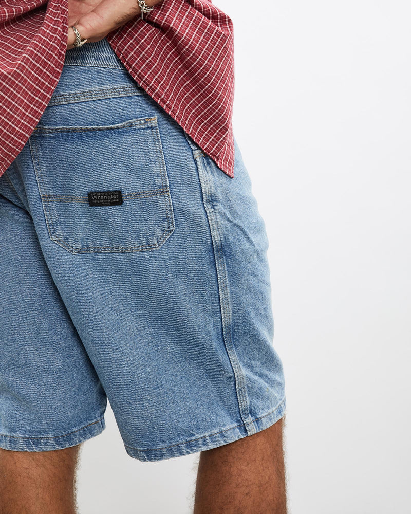 Vintage, Wrangler, Denim, Carpenter, Shorts, The Real Deal, size 36", colour Blue, newtown, sydney, australia, thrift store, opshop, preloved, secondhand, sustainable, retro, antique, 70s, 80s, 90s, 2000s, 00s, fashion, clothing, streetwear, trendy, garment, style, boutique, store, shop, archive, sale, cheap, best, top, Shorts