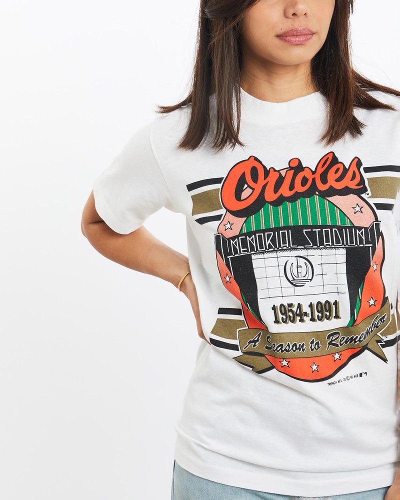 Vintage, 1991, MLB, Baltimore, Orioles, Tee, The Real Deal, size double extra small, colour White, newtown, sydney, australia, thrift store, opshop, preloved, secondhand, sustainable, retro, antique, 70s, 80s, 90s, 2000s, 00s, fashion, clothing, streetwear, trendy, garment, style, boutique, store, shop, archive, sale, cheap, best, top, T-Shirts