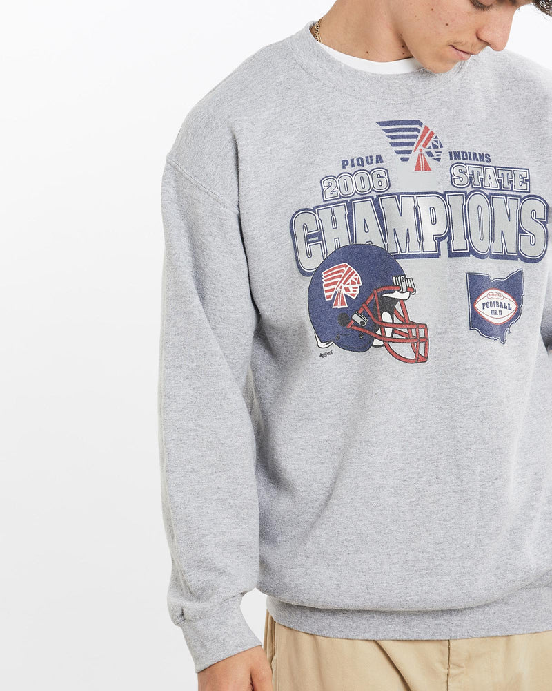 Vintage, Piqua, Indians, Football, Sweatshirt, The Real Deal, size large, colour Grey, newtown, sydney, australia, thrift store, opshop, preloved, secondhand, sustainable, retro, antique, 70s, 80s, 90s, 2000s, 00s, fashion, clothing, streetwear, trendy, garment, style, boutique, store, shop, archive, sale, cheap, best, top, Sweats and hoodies