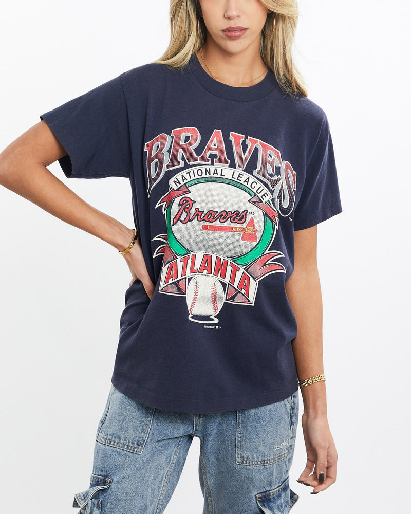 Vintage, 1992, MLB, Atlanta, Braves, Tee, The Real Deal, size extra small, colour Navy, newtown, sydney, australia, thrift store, opshop, preloved, secondhand, sustainable, retro, antique, 70s, 80s, 90s, 2000s, 00s, fashion, clothing, streetwear, trendy, garment, style, boutique, store, shop, archive, sale, cheap, best, top, T-Shirts