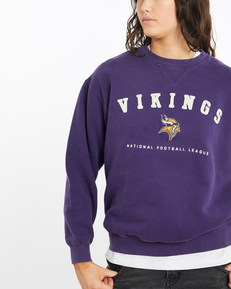 Vintage, 90s, NFL, Minnesota, Vikings, Sweatshirt, The Real Deal, size medium, colour Purple, newtown, sydney, australia, thrift store, opshop, preloved, secondhand, sustainable, retro, antique, 70s, 80s, 90s, 2000s, 00s, fashion, clothing, streetwear, trendy, garment, style, boutique, store, shop, archive, sale, cheap, best, top, Sweats and hoodies
