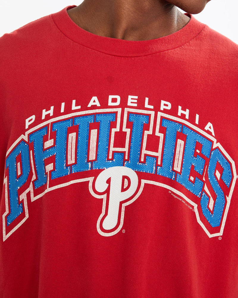 Vintage, MLB, Philadelphia, Phillies, Tee, The Real Deal, size large, colour Red, newtown, sydney, australia, thrift store, opshop, preloved, secondhand, sustainable, retro, antique, 70s, 80s, 90s, 2000s, 00s, fashion, clothing, streetwear, trendy, garment, style, boutique, store, shop, archive, sale, cheap, best, top, T-Shirts