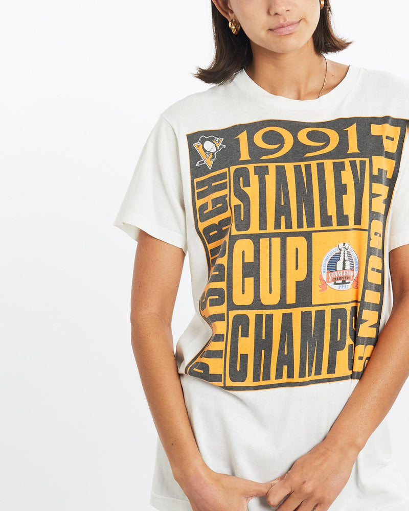 Vintage, 1991, NHL, Pittsburgh, Penguins, Tee, The Real Deal, size small, colour White, newtown, sydney, australia, thrift store, opshop, preloved, secondhand, sustainable, retro, antique, 70s, 80s, 90s, 2000s, 00s, fashion, clothing, streetwear, trendy, garment, style, boutique, store, shop, archive, sale, cheap, best, top, T-Shirts