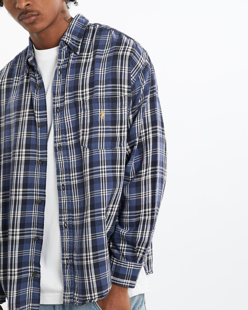 Vintage, 90s, Polo, Ralph, Lauren, Flannelette, Button, Up, Shirt, The Real Deal, size large, colour Navy, newtown, sydney, australia, thrift store, opshop, preloved, secondhand, sustainable, retro, antique, 70s, 80s, 90s, 2000s, 00s, fashion, clothing, streetwear, trendy, garment, style, boutique, store, shop, archive, sale, cheap, best, top, Shirts