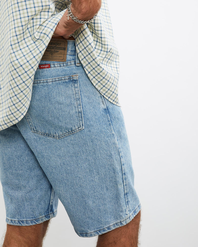 Vintage, Wrangler, Denim, Shorts, The Real Deal, size 35", colour Blue, newtown, sydney, australia, thrift store, opshop, preloved, secondhand, sustainable, retro, antique, 70s, 80s, 90s, 2000s, 00s, fashion, clothing, streetwear, trendy, garment, style, boutique, store, shop, archive, sale, cheap, best, top, Shorts