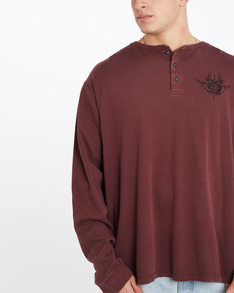 Vintage, Harley, Davidson, Long, Sleeve, Thermal, Tee, The Real Deal, size double extra large, colour Burgundy, newtown, sydney, australia, thrift store, opshop, preloved, secondhand, sustainable, retro, antique, 70s, 80s, 90s, 2000s, 00s, fashion, clothing, streetwear, trendy, garment, style, boutique, store, shop, archive, sale, cheap, best, top, T-Shirts