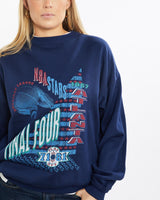 Vintage, 90s, NBA, Atlanta, Hawks, Sweatshirt, The Real Deal, size medium, colour Navy, newtown, sydney, australia, thrift store, opshop, preloved, secondhand, sustainable, retro, antique, 70s, 80s, 90s, 2000s, 00s, fashion, clothing, streetwear, trendy, garment, style, boutique, store, shop, archive, sale, cheap, best, top, Sweats and hoodies