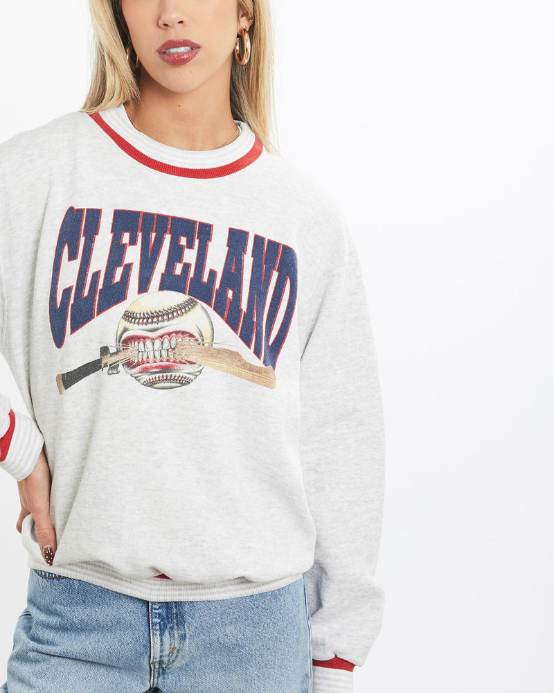 Vintage, 90s, MLB, Cleveland, Indians, Sweatshirt, The Real Deal, size extra small, colour Grey, newtown, sydney, australia, thrift store, opshop, preloved, secondhand, sustainable, retro, antique, 70s, 80s, 90s, 2000s, 00s, fashion, clothing, streetwear, trendy, garment, style, boutique, store, shop, archive, sale, cheap, best, top, Sweats and hoodies