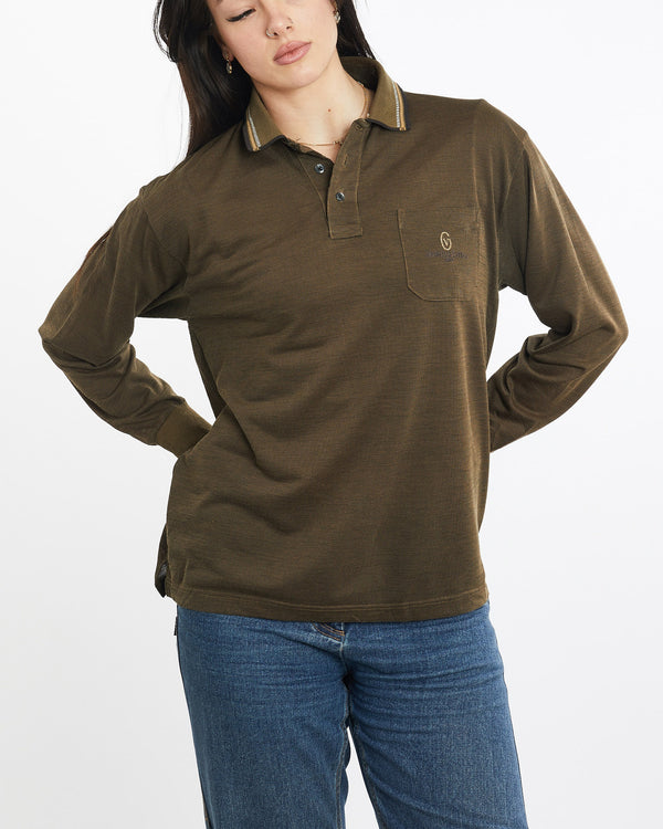 Vintage, 90s, Gianni, Valentino, Long, Sleeve, Polo, Shirt, The Real Deal, size medium, colour Green, newtown, sydney, australia, thrift store, opshop, preloved, secondhand, sustainable, retro, antique, 70s, 80s, 90s, 2000s, 00s, fashion, clothing, streetwear, trendy, garment, style, boutique, store, shop, archive, sale, cheap, best, top, Shirts