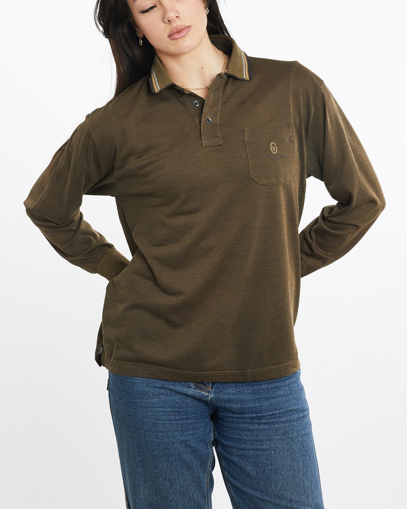 Vintage, 90s, Gianni, Valentino, Long, Sleeve, Polo, Shirt, The Real Deal, size medium, colour Green, newtown, sydney, australia, thrift store, opshop, preloved, secondhand, sustainable, retro, antique, 70s, 80s, 90s, 2000s, 00s, fashion, clothing, streetwear, trendy, garment, style, boutique, store, shop, archive, sale, cheap, best, top, Shirts