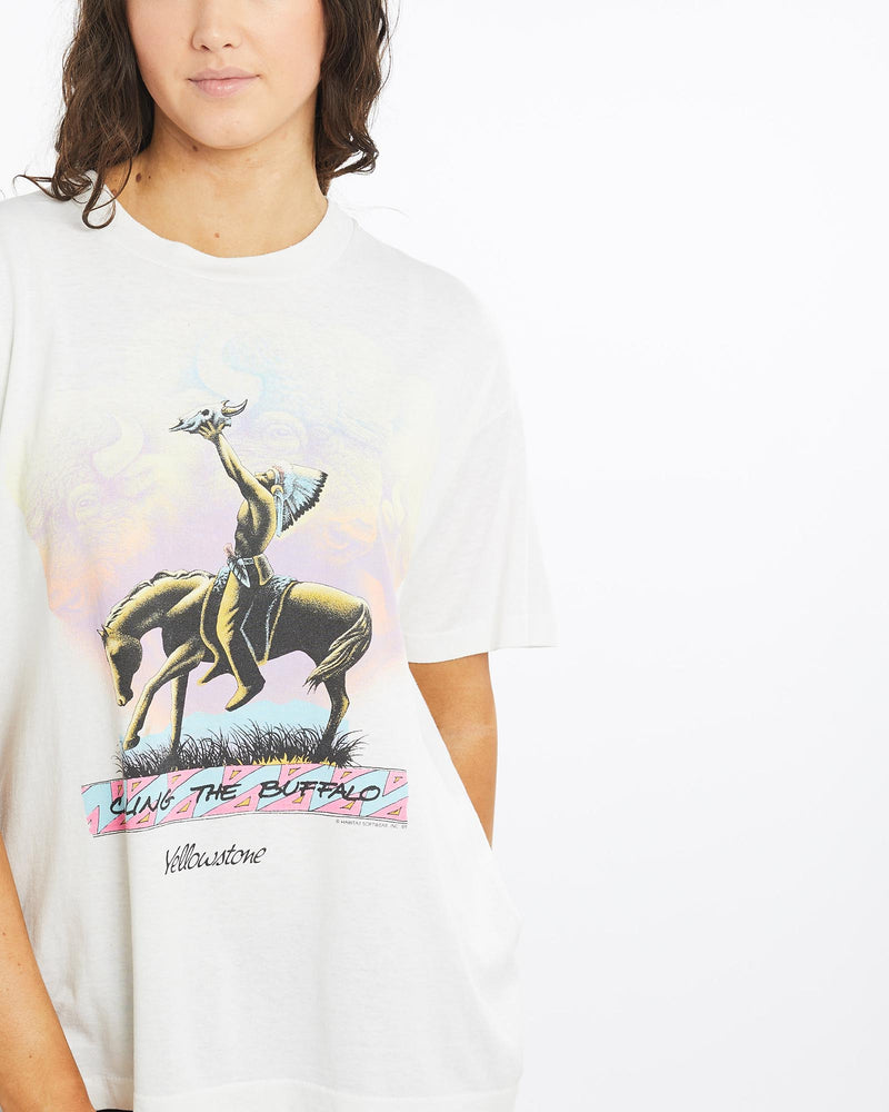 Vintage, 1989, Native, American, Calling, The, Buffalo', Tee, The Real Deal, size medium, colour White, newtown, sydney, australia, thrift store, opshop, preloved, secondhand, sustainable, retro, antique, 70s, 80s, 90s, 2000s, 00s, fashion, clothing, streetwear, trendy, garment, style, boutique, store, shop, archive, sale, cheap, best, top, T-Shirts