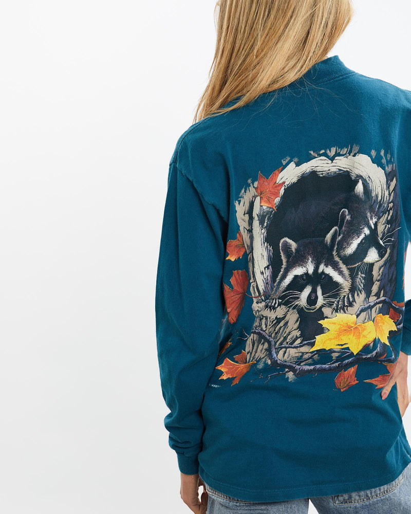 Vintage, 90s, Racoon, Wildlife, Long, Sleeve, Tee, The Real Deal, size small, colour Blue, newtown, sydney, australia, thrift store, opshop, preloved, secondhand, sustainable, retro, antique, 70s, 80s, 90s, 2000s, 00s, fashion, clothing, streetwear, trendy, garment, style, boutique, store, shop, archive, sale, cheap, best, top, T-Shirts