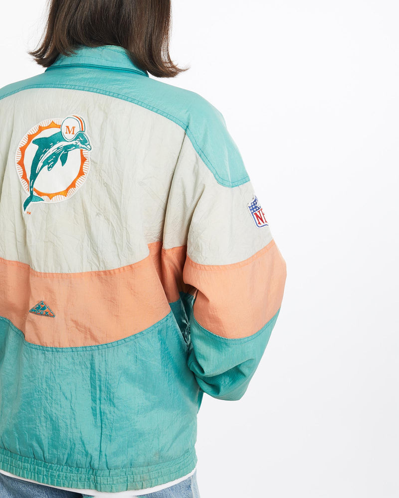 Vintage, 90s, Faded, NFL, Miami, Dolphins, Jacket, The Real Deal, size small, colour Multicolour, newtown, sydney, australia, thrift store, opshop, preloved, secondhand, sustainable, retro, antique, 70s, 80s, 90s, 2000s, 00s, fashion, clothing, streetwear, trendy, garment, style, boutique, store, shop, archive, sale, cheap, best, top, Jackets