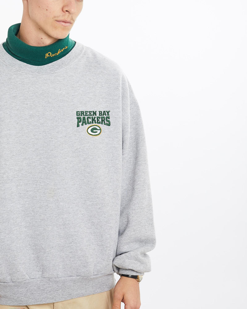 Vintage, NFL, Green, Bay, Packers, Mock, Neck, Sweatshirt, The Real Deal, size large, colour Grey, newtown, sydney, australia, thrift store, opshop, preloved, secondhand, sustainable, retro, antique, 70s, 80s, 90s, 2000s, 00s, fashion, clothing, streetwear, trendy, garment, style, boutique, store, shop, archive, sale, cheap, best, top, Sweats and hoodies