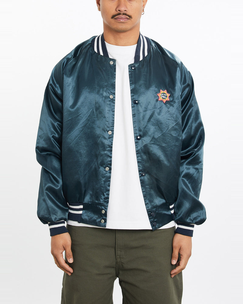 Vintage, 80s, San, Jose, PAL, Varsity, Jacket, The Real Deal, size large, colour Navy, newtown, sydney, australia, thrift store, opshop, preloved, secondhand, sustainable, retro, antique, 70s, 80s, 90s, 2000s, 00s, fashion, clothing, streetwear, trendy, garment, style, boutique, store, shop, archive, sale, cheap, best, top, Jackets