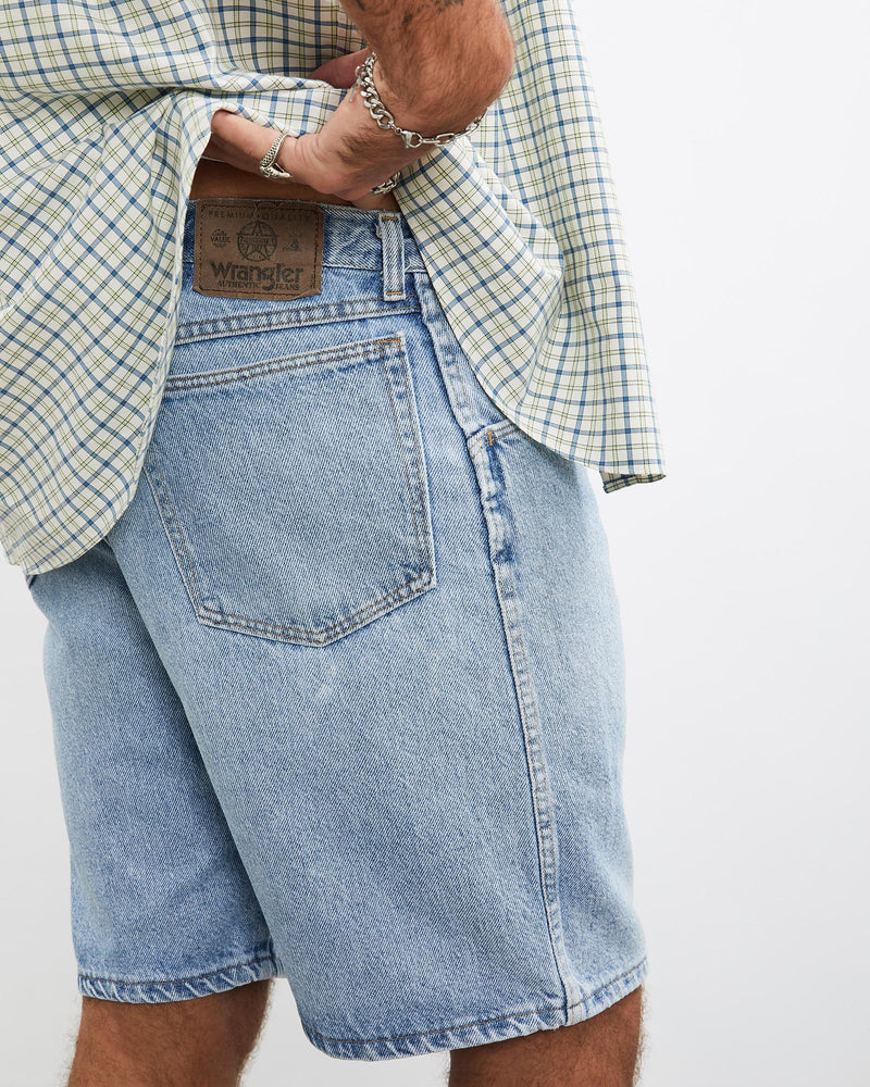 Vintage, Wrangler, Denim, Shorts, The Real Deal, size 35", colour Blue, newtown, sydney, australia, thrift store, opshop, preloved, secondhand, sustainable, retro, antique, 70s, 80s, 90s, 2000s, 00s, fashion, clothing, streetwear, trendy, garment, style, boutique, store, shop, archive, sale, cheap, best, top, Shorts