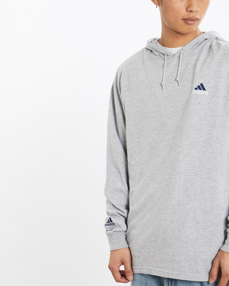 Vintage, Adidas, Lightweight, Hooded, Sweatshirt, The Real Deal, size large, colour Grey, newtown, sydney, australia, thrift store, opshop, preloved, secondhand, sustainable, retro, antique, 70s, 80s, 90s, 2000s, 00s, fashion, clothing, streetwear, trendy, garment, style, boutique, store, shop, archive, sale, cheap, best, top, Sweats and hoodies