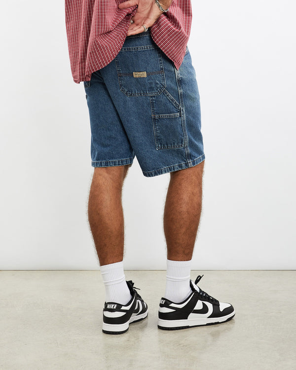 Vintage, Wrangler, Denim, Carpenter, Shorts, The Real Deal, size 36", colour Blue, newtown, sydney, australia, thrift store, opshop, preloved, secondhand, sustainable, retro, antique, 70s, 80s, 90s, 2000s, 00s, fashion, clothing, streetwear, trendy, garment, style, boutique, store, shop, archive, sale, cheap, best, top, Shorts