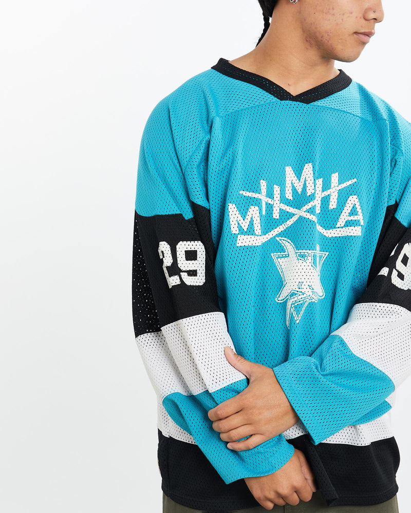 Vintage, 90s, MHMHA, Sharks, Hockey, Jersey, The Real Deal, size large, colour Blue, newtown, sydney, australia, thrift store, opshop, preloved, secondhand, sustainable, retro, antique, 70s, 80s, 90s, 2000s, 00s, fashion, clothing, streetwear, trendy, garment, style, boutique, store, shop, archive, sale, cheap, best, top, T-Shirts