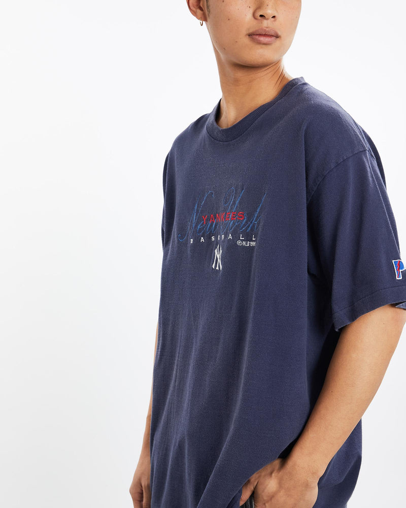 Vintage, 1996, MLB, New, York, Yankees, Tee, The Real Deal, size large, colour Navy, newtown, sydney, australia, thrift store, opshop, preloved, secondhand, sustainable, retro, antique, 70s, 80s, 90s, 2000s, 00s, fashion, clothing, streetwear, trendy, garment, style, boutique, store, shop, archive, sale, cheap, best, top, T-Shirts