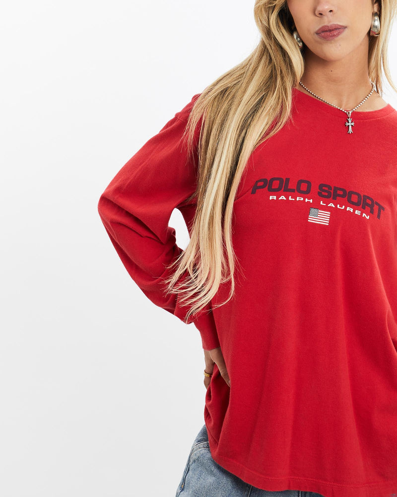 Vintage, 90s, Ralph, Lauren, Polo, Sport, Long, Sleeve, Tee, The Real Deal, size medium, colour Red, newtown, sydney, australia, thrift store, opshop, preloved, secondhand, sustainable, retro, antique, 70s, 80s, 90s, 2000s, 00s, fashion, clothing, streetwear, trendy, garment, style, boutique, store, shop, archive, sale, cheap, best, top, T-Shirts