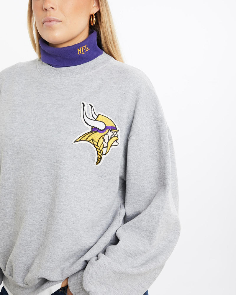 Vintage, 90s, NFL, Minnesota, Vikings, Turtleneck, Sweatshirt, The Real Deal, size medium, colour Grey, newtown, sydney, australia, thrift store, opshop, preloved, secondhand, sustainable, retro, antique, 70s, 80s, 90s, 2000s, 00s, fashion, clothing, streetwear, trendy, garment, style, boutique, store, shop, archive, sale, cheap, best, top, Sweats and hoodies