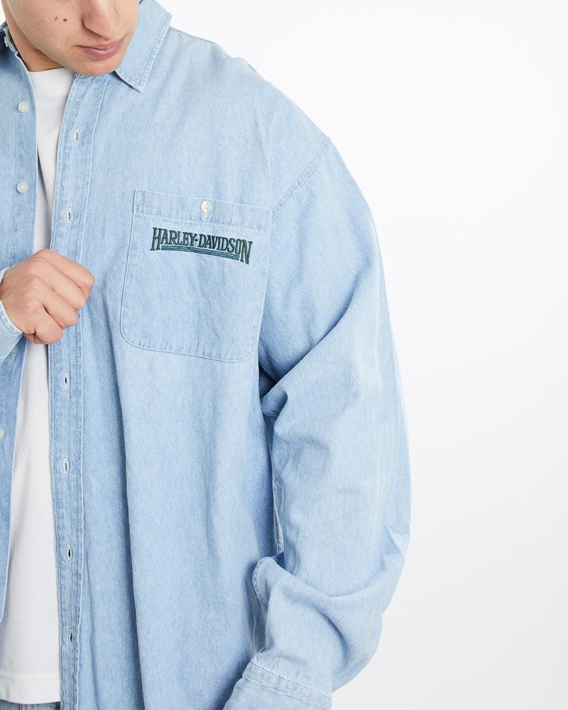 Vintage, 90s, Harley, Davidson, Denim, Button, Up, Shirt, The Real Deal, size XXXL, colour Blue, newtown, sydney, australia, thrift store, opshop, preloved, secondhand, sustainable, retro, antique, 70s, 80s, 90s, 2000s, 00s, fashion, clothing, streetwear, trendy, garment, style, boutique, store, shop, archive, sale, cheap, best, top, Shirts