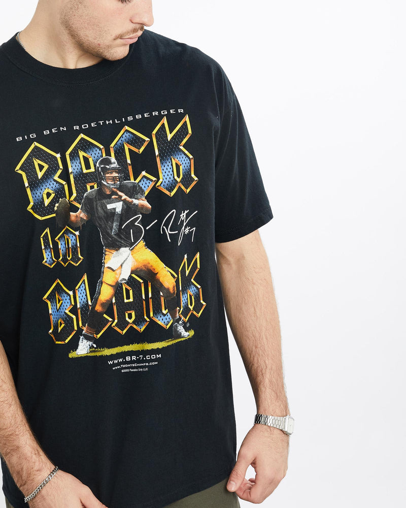 Vintage, Ben, Roethlisberger, NFL, Pittsburgh, Steelers, Tee, The Real Deal, size extra large, colour Black, newtown, sydney, australia, thrift store, opshop, preloved, secondhand, sustainable, retro, antique, 70s, 80s, 90s, 2000s, 00s, fashion, clothing, streetwear, trendy, garment, style, boutique, store, shop, archive, sale, cheap, best, top, T-Shirts