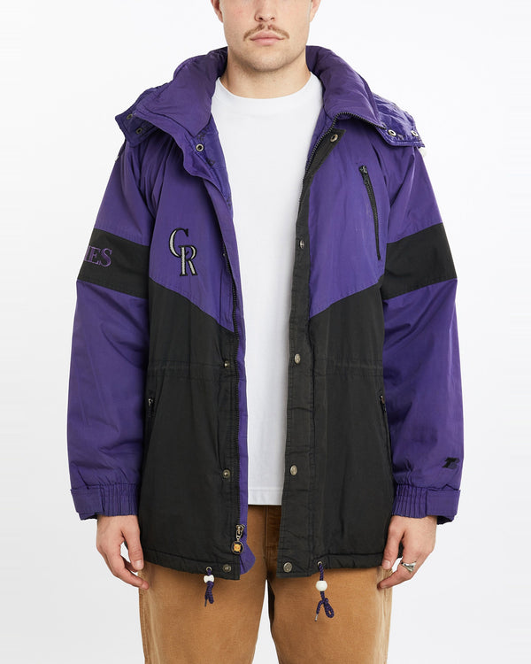 Vintage, 90s, MLB, Colorado, Rockies, Puffer, Jacket, The Real Deal, size extra large, colour Purple, newtown, sydney, australia, thrift store, opshop, preloved, secondhand, sustainable, retro, antique, 70s, 80s, 90s, 2000s, 00s, fashion, clothing, streetwear, trendy, garment, style, boutique, store, shop, archive, sale, cheap, best, top, Jackets