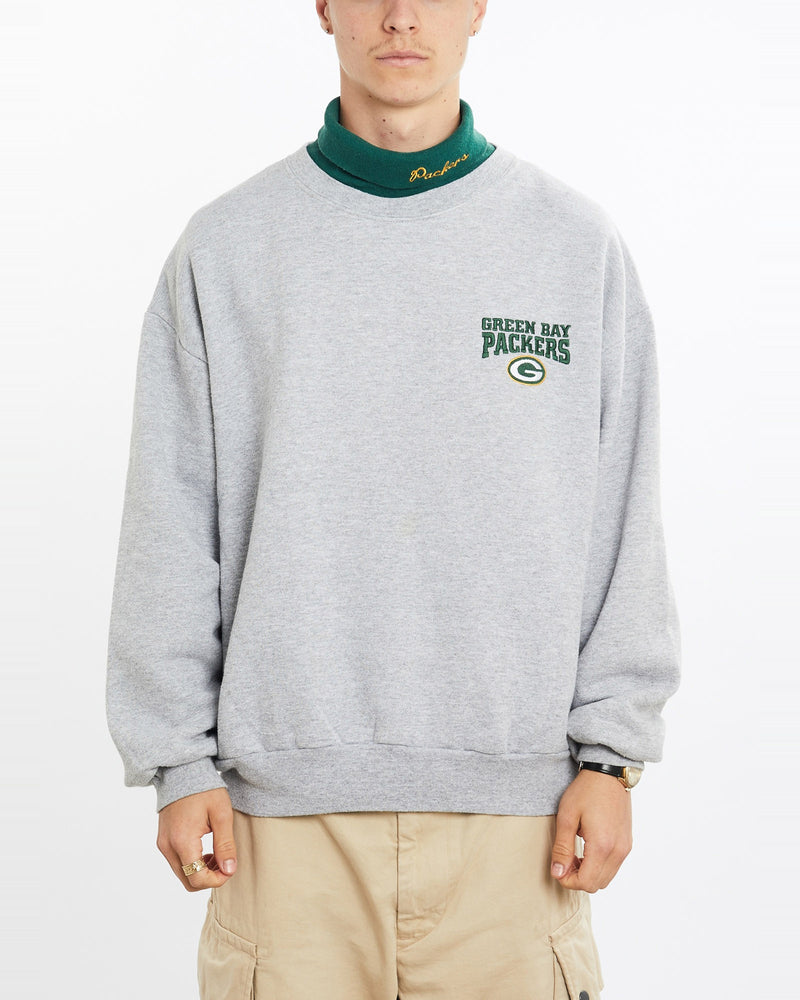 Vintage, NFL, Green, Bay, Packers, Mock, Neck, Sweatshirt, The Real Deal, size large, colour Grey, newtown, sydney, australia, thrift store, opshop, preloved, secondhand, sustainable, retro, antique, 70s, 80s, 90s, 2000s, 00s, fashion, clothing, streetwear, trendy, garment, style, boutique, store, shop, archive, sale, cheap, best, top, Sweats and hoodies