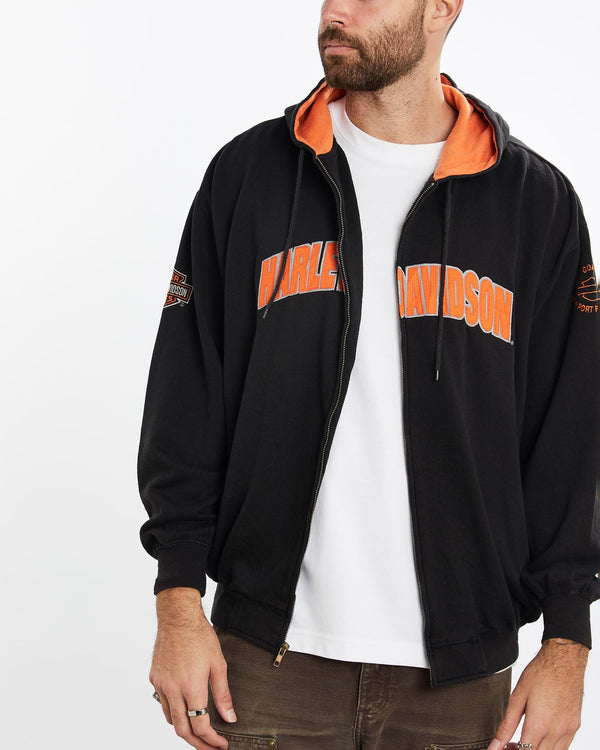 Vintage, Harley, Davidson, Hooded, Sweatshirt, The Real Deal, size large, colour Black, newtown, sydney, australia, thrift store, opshop, preloved, secondhand, sustainable, retro, antique, 70s, 80s, 90s, 2000s, 00s, fashion, clothing, streetwear, trendy, garment, style, boutique, store, shop, archive, sale, cheap, best, top, Sweats and hoodies