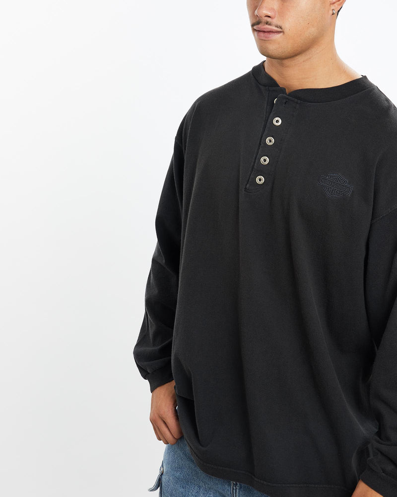 Vintage, Harley, Davidson, Long, Sleeve, Henley, Tee, The Real Deal, size extra large, colour Blue, newtown, sydney, australia, thrift store, opshop, preloved, secondhand, sustainable, retro, antique, 70s, 80s, 90s, 2000s, 00s, fashion, clothing, streetwear, trendy, garment, style, boutique, store, shop, archive, sale, cheap, best, top, T-Shirts