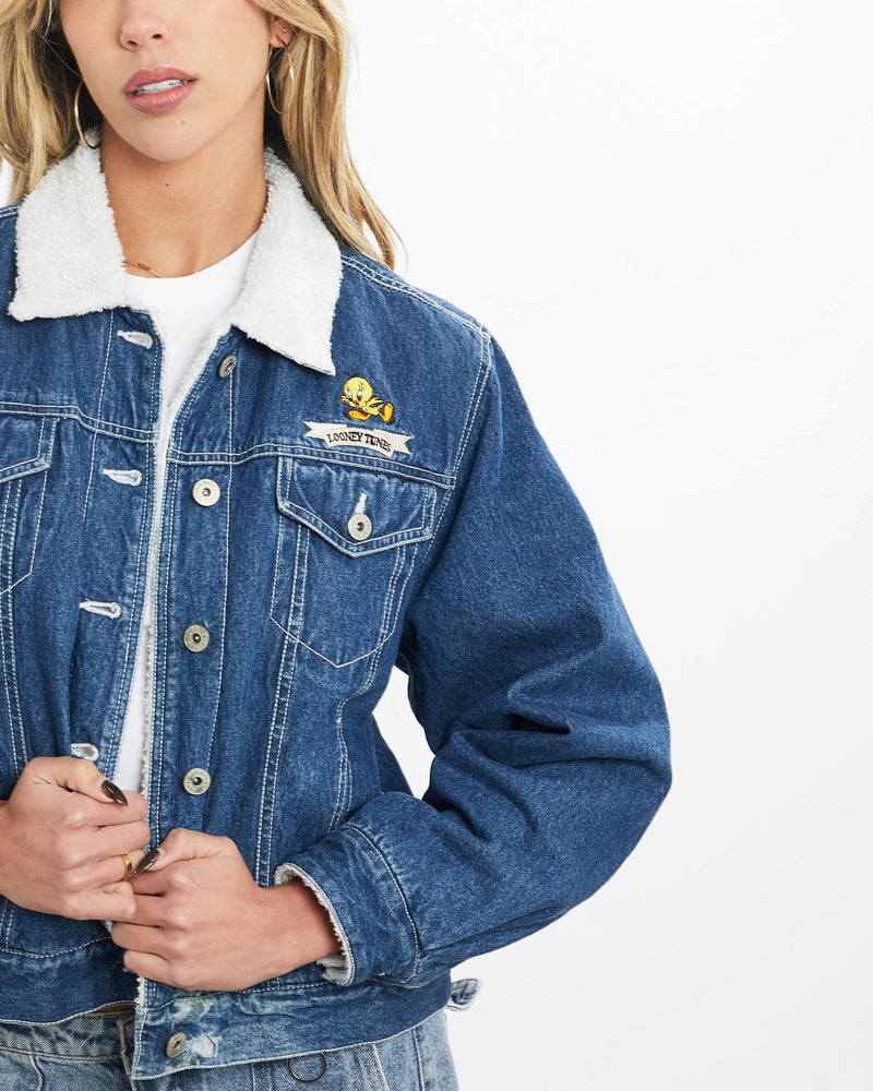 Vintage, Looney, Tunes, Sherpa, Lined, Denim, Jacket, The Real Deal, size extra small, colour Blue, newtown, sydney, australia, thrift store, opshop, preloved, secondhand, sustainable, retro, antique, 70s, 80s, 90s, 2000s, 00s, fashion, clothing, streetwear, trendy, garment, style, boutique, store, shop, archive, sale, cheap, best, top, Jackets