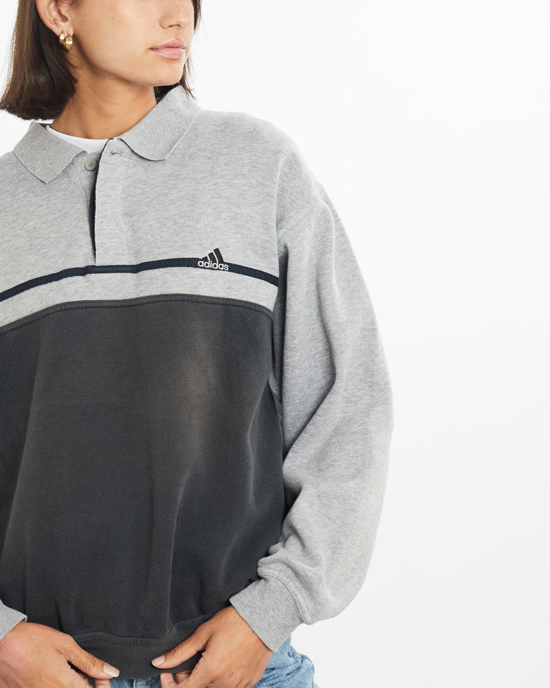 Vintage, 90s, Adidas, Collared, Sweatshirt, The Real Deal, size small, colour Grey, newtown, sydney, australia, thrift store, opshop, preloved, secondhand, sustainable, retro, antique, 70s, 80s, 90s, 2000s, 00s, fashion, clothing, streetwear, trendy, garment, style, boutique, store, shop, archive, sale, cheap, best, top, Sweats and hoodies