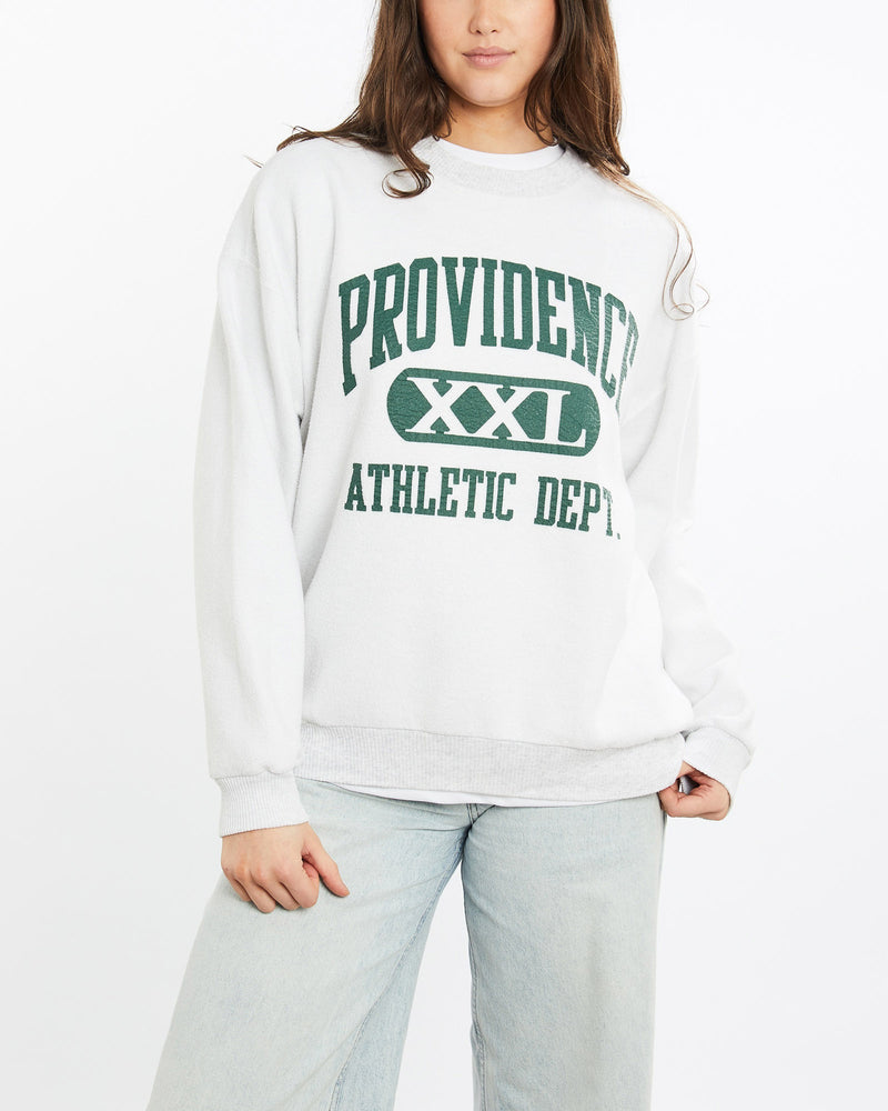 Vintage, 90s, Providence, College, Athletic, Department, Sweatshirt, The Real Deal, size medium, colour White, newtown, sydney, australia, thrift store, opshop, preloved, secondhand, sustainable, retro, antique, 70s, 80s, 90s, 2000s, 00s, fashion, clothing, streetwear, trendy, garment, style, boutique, store, shop, archive, sale, cheap, best, top, Sweats and hoodies