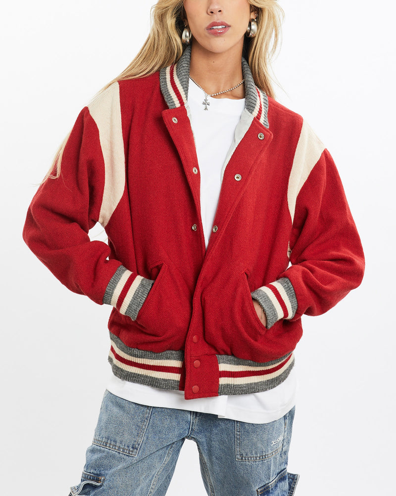 Vintage, 90s, Varsity, Jacket, The Real Deal, size small, colour Red, newtown, sydney, australia, thrift store, opshop, preloved, secondhand, sustainable, retro, antique, 70s, 80s, 90s, 2000s, 00s, fashion, clothing, streetwear, trendy, garment, style, boutique, store, shop, archive, sale, cheap, best, top, Jackets
