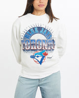 Vintage, 1995, MLB, Toronto, Blue, Jays, Sweatshirt, The Real Deal, size double extra small, colour White, newtown, sydney, australia, thrift store, opshop, preloved, secondhand, sustainable, retro, antique, 70s, 80s, 90s, 2000s, 00s, fashion, clothing, streetwear, trendy, garment, style, boutique, store, shop, archive, sale, cheap, best, top, Sweats and hoodies