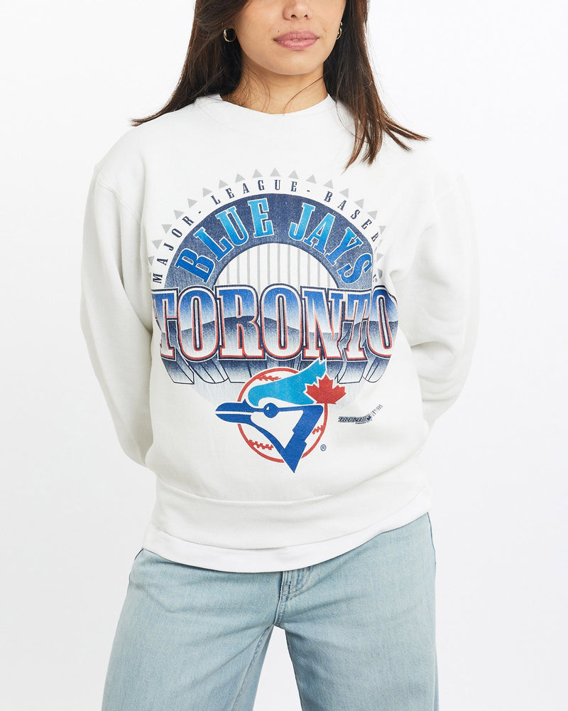 Vintage, 1995, MLB, Toronto, Blue, Jays, Sweatshirt, The Real Deal, size double extra small, colour White, newtown, sydney, australia, thrift store, opshop, preloved, secondhand, sustainable, retro, antique, 70s, 80s, 90s, 2000s, 00s, fashion, clothing, streetwear, trendy, garment, style, boutique, store, shop, archive, sale, cheap, best, top, Sweats and hoodies