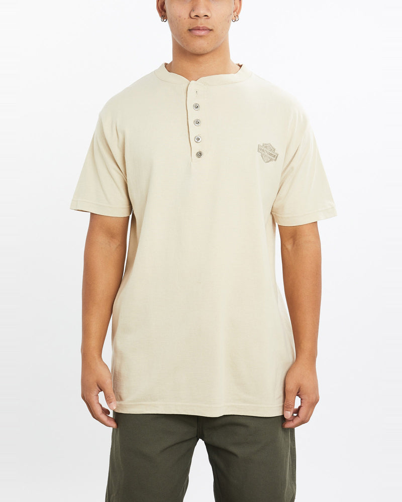 Vintage, Harley, Davidson, Henley, Tee, The Real Deal, size large, colour Beige, newtown, sydney, australia, thrift store, opshop, preloved, secondhand, sustainable, retro, antique, 70s, 80s, 90s, 2000s, 00s, fashion, clothing, streetwear, trendy, garment, style, boutique, store, shop, archive, sale, cheap, best, top, T-Shirts