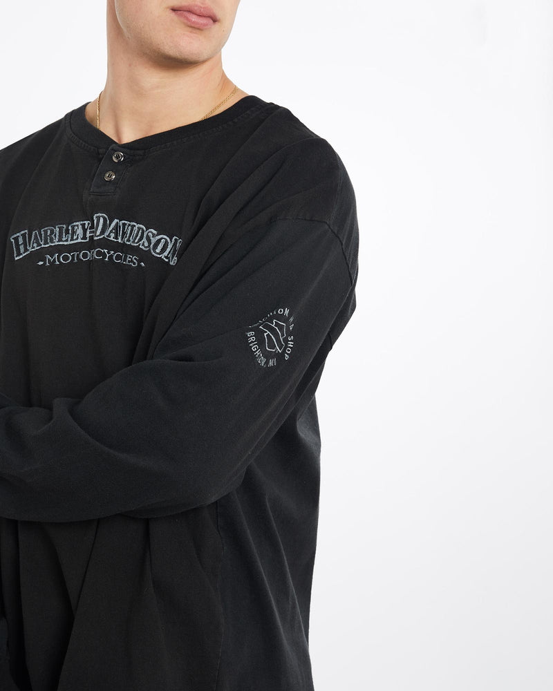 Vintage, Harley, Davidson, Long, Sleeve, Henley, Tee, The Real Deal, size double extra large, colour Black, newtown, sydney, australia, thrift store, opshop, preloved, secondhand, sustainable, retro, antique, 70s, 80s, 90s, 2000s, 00s, fashion, clothing, streetwear, trendy, garment, style, boutique, store, shop, archive, sale, cheap, best, top, T-Shirts