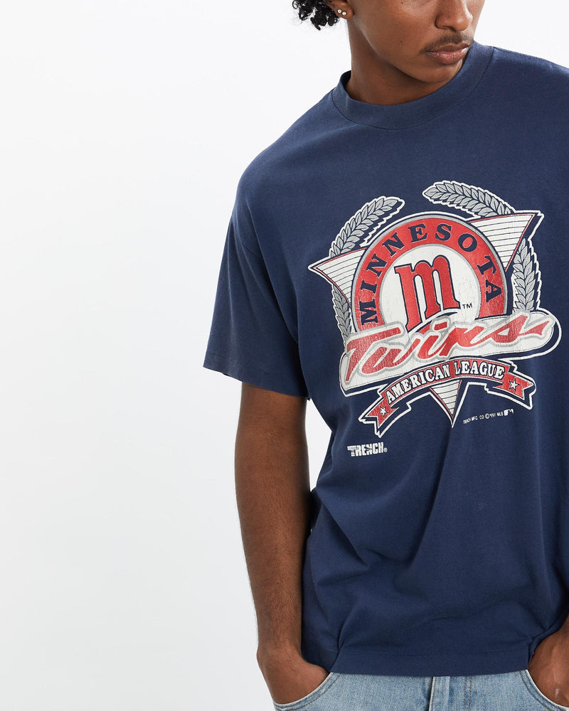 Vintage, 1991, MLB, Minnesota, Twins, Tee, The Real Deal, size medium, colour Navy, newtown, sydney, australia, thrift store, opshop, preloved, secondhand, sustainable, retro, antique, 70s, 80s, 90s, 2000s, 00s, fashion, clothing, streetwear, trendy, garment, style, boutique, store, shop, archive, sale, cheap, best, top, T-Shirts