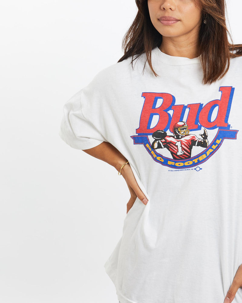 Vintage, 1994, Budweiser, Pro, Football, Tee, The Real Deal, size small, colour White, newtown, sydney, australia, thrift store, opshop, preloved, secondhand, sustainable, retro, antique, 70s, 80s, 90s, 2000s, 00s, fashion, clothing, streetwear, trendy, garment, style, boutique, store, shop, archive, sale, cheap, best, top, T-Shirts