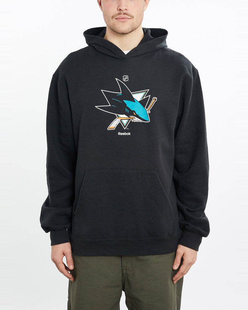 Vintage, Reebok, NHL, San, Jose, Sharks, Hooded, Sweatshirt, The Real Deal, size extra large, colour Black, newtown, sydney, australia, thrift store, opshop, preloved, secondhand, sustainable, retro, antique, 70s, 80s, 90s, 2000s, 00s, fashion, clothing, streetwear, trendy, garment, style, boutique, store, shop, archive, sale, cheap, best, top, Sweats and hoodies